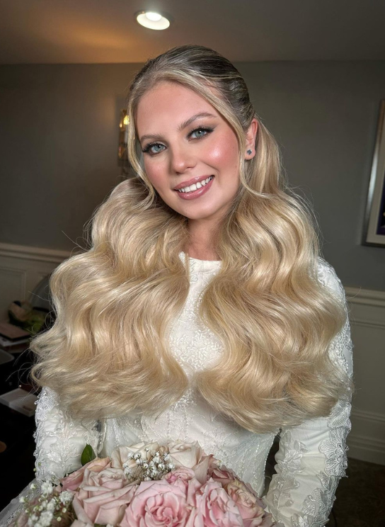 The bride after applying clip-in hair extensions