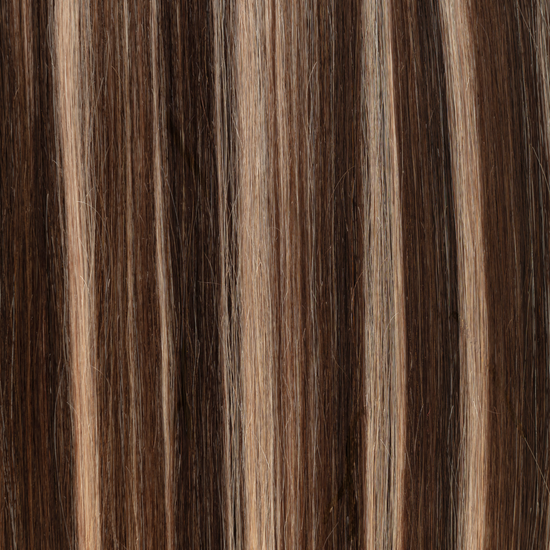 A dark brown base contrasted beautifully with ash highlights, then deepened with caramel lowlights. Designed for those already with or desiring this highlighted look minus the damage. A deeper take on our Honey Highlight Blend.